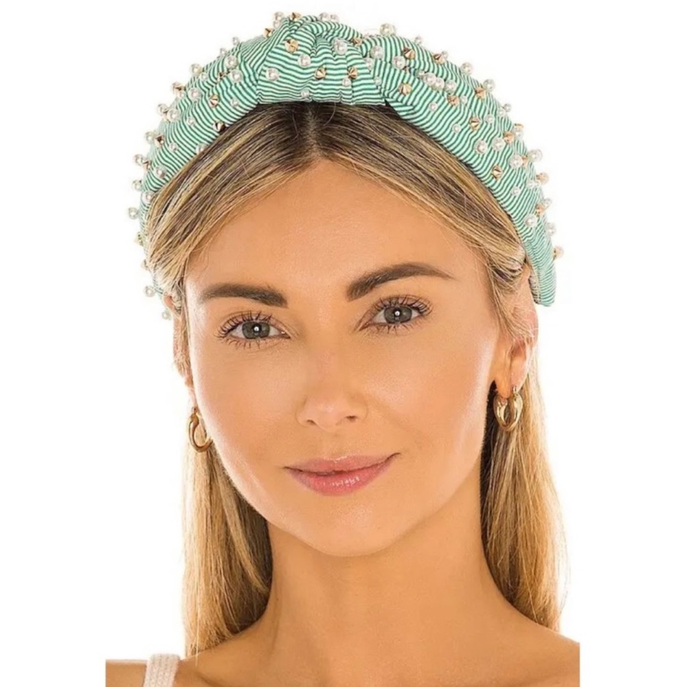 Lele Sadoughi green and white seersucker cotton headband with pearls and gold.